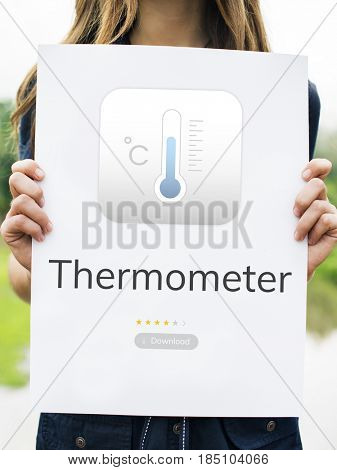Woman holding billboard network graphic overlay