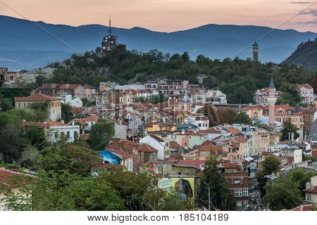 PLOVDIV, BULGARIA - SEPTEMBER 2 2016:  Sunset view of city of Plovdiv from Nebet tepe hill, Bulgaria