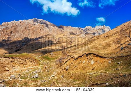 Beautiful Landscape Of Deserted Mountains With Blue Sky, Russia, Republic Ingushetia
