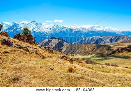 Scenic Mountain Landscape Shot Of Caucasus, Russia, Ingushetia