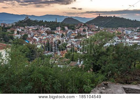 PLOVDIV, BULGARIA - SEPTEMBER 2 2016:  Sunset view of city of Plovdiv from Nebet tepe hill, Bulgaria