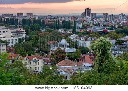 PLOVDIV, BULGARIA - SEPTEMBER 2 2016:  Sunset view of city of Plovdiv from Nebet tepe hill, Bulgaria