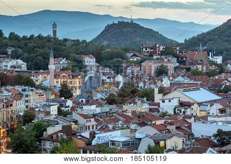 PLOVDIV, BULGARIA - SEPTEMBER 2 2016:  Sunset view of city of Plovdiv from Nebet tepe hill, Bulgaria