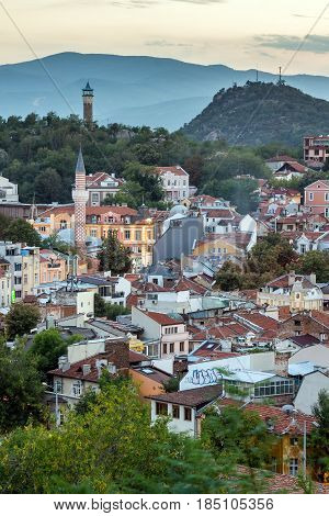 PLOVDIV, BULGARIA - SEPTEMBER 2 2016:  Sunset view of city of Plovdiv from Nebet tepe hill, Bulgaria