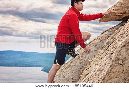 Happy man mountaineering national park Zuratkul Chelyabinsk Russia