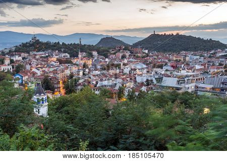 PLOVDIV, BULGARIA - SEPTEMBER 2 2016:  Sunset view of city of Plovdiv from Nebet tepe hill, Bulgaria