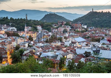 PLOVDIV, BULGARIA - SEPTEMBER 2 2016:  Sunset view of city of Plovdiv from Nebet tepe hill, Bulgaria