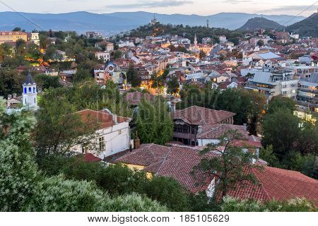 PLOVDIV, BULGARIA - SEPTEMBER 2 2016:  Sunset view of city of Plovdiv from Nebet tepe hill, Bulgaria