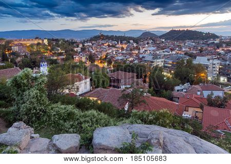 PLOVDIV, BULGARIA - SEPTEMBER 2 2016:  Sunset view of city of Plovdiv from Nebet tepe hill, Bulgaria