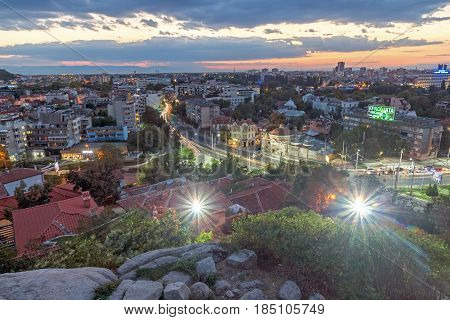 PLOVDIV, BULGARIA - SEPTEMBER 2 2016:  Sunset view of city of Plovdiv from Nebet tepe hill, Bulgaria