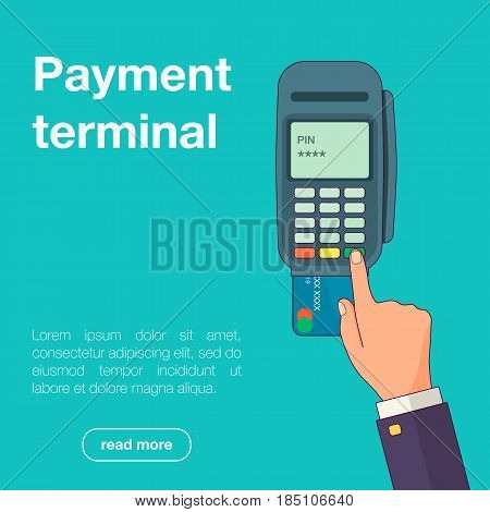 Vector illustration of businessman's hand entering pin code on credit card, POS or a PDQ terminal in flat style for your design