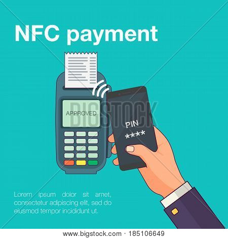 Mobile payments with smartphone. Near field communication payment terminal concept. Online transactions, paypass and NFC. Cartoon flat style vector illustration