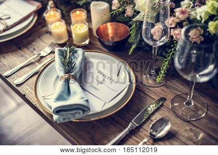 Elegant Restaurant Table Setting Service for Reception with Reserved Card