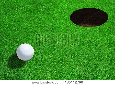 3D rendering of golf ball close to hole on beautiful golf greens ready for par eagle or bogey with copy space.