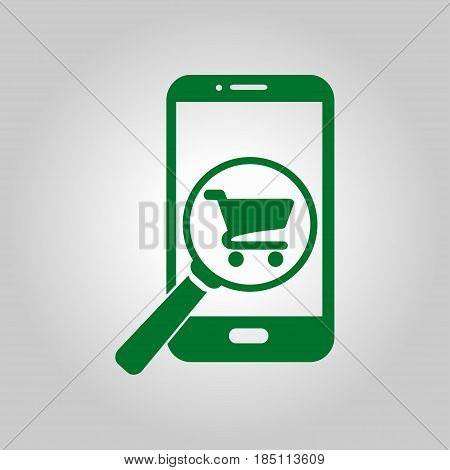 Glass searching for shoping on smart phone. Online shoping icon.