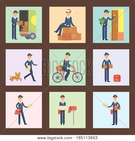 Set of cards with postman delivery man character vector courier occupation carrier cute male package transportation. Mail business shipping deliver cheerful professional people with envelope.