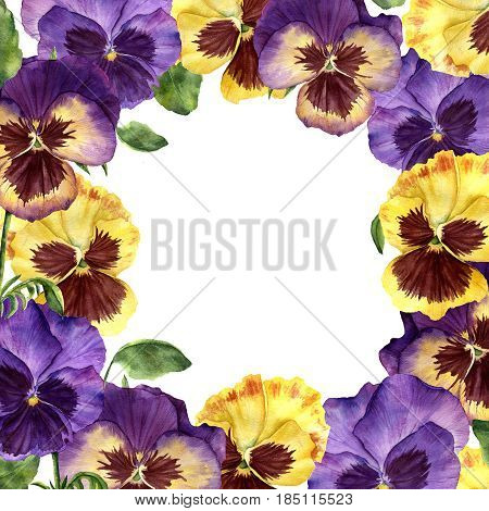 Watercolor floral card with pansy flowers. Hand painted illustration with flowers, leaves and branches isolatedon white background. For design, print and background.