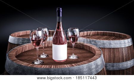 Wine bottle and wine glass on wodden barrel. 3d illustration.