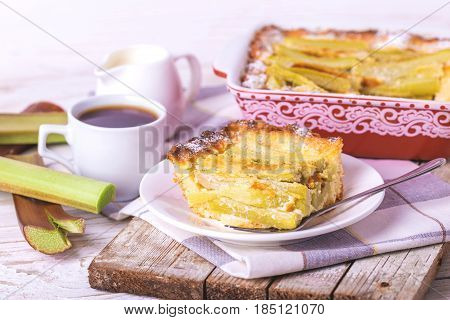 Traditional Rhubarb Pie With Espresso Coffee For Breakfast.