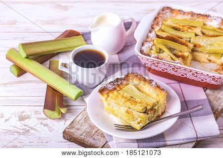 Traditional Rhubarb Pie With Espresso Coffee For Breakfast.