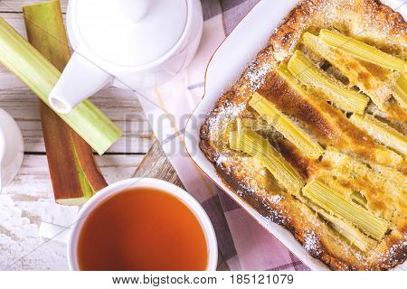Traditional Rhubarb Pie With Tea For Breakfast.