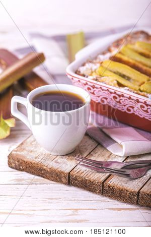 Traditional Rhubarb Pie With Espresso Coffee For Breakfast.
