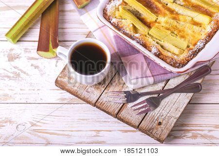 Traditional Rhubarb Pie With Espresso Coffee For Breakfast.