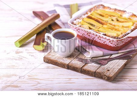 Traditional Rhubarb Pie With Espresso Coffee For Breakfast.