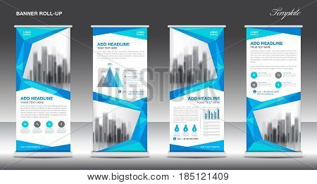 Roll up banner stand template design Blue banner layout advertisement polygon background pull up vector illustration business flyer display x-banner flag-banner infographics presentation poster abstract geometric