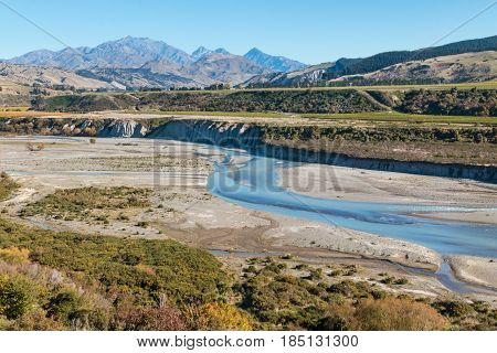 meandering river in Awatere valley in New Zealand