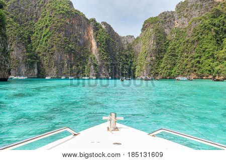 Entering Pileh lagoon with beautiful limestone rock surrounded at Phi Phi island Krabi Thailand