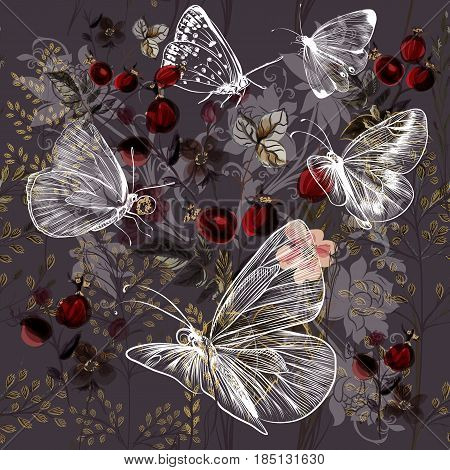 Flower vector pattern with plants and butterflies. Vintage provance style