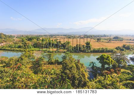 Nam Song river in Vang Vieng Laos. View from Chang cave