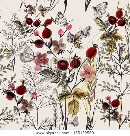 Flower vector pattern with plants. Vintage provance style