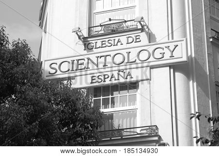 Madrid, Spain - May 09, 2012: Sign of church of Scientology in Madrid. Black and white image