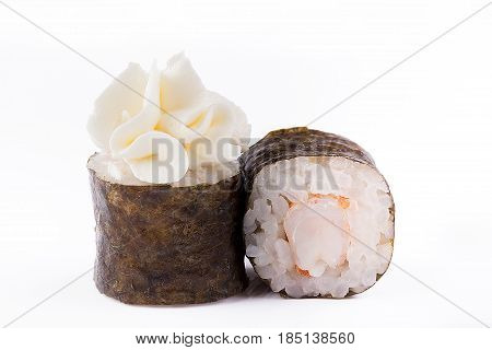 Traditional Fresh Japanese Sushi Rolls On A White Background. Roll With Shrimp.