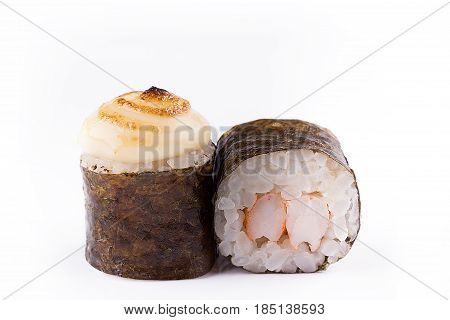 Traditional Fresh Japanese Sushi Rolls On A White Background. Roll With Shrimp.