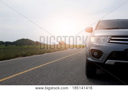 Car running on the road for travel trip have Pineapple farm and tree.