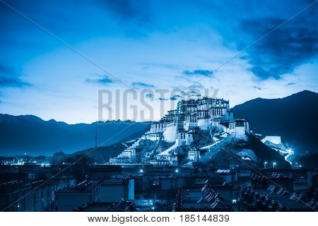 the potala palace at night with blue tone tibet autonomous region China