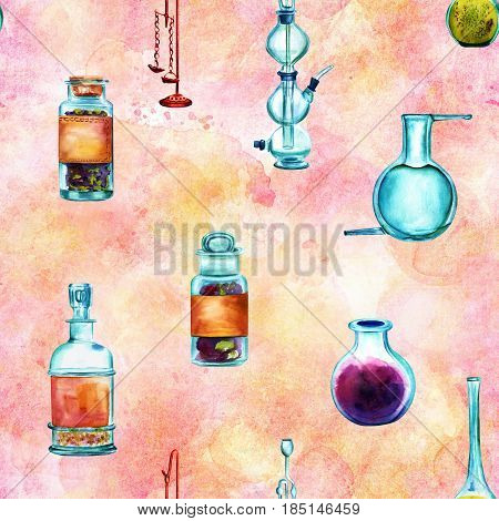 Vintage Science seamless background pattern with chemistry objects. Jars, bottles, containers, apparatuses, hand painted in watercolours on a pink background, forming a repeat print