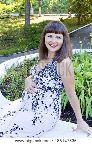 Smiling pregnant woman with brown hair sitting in summer