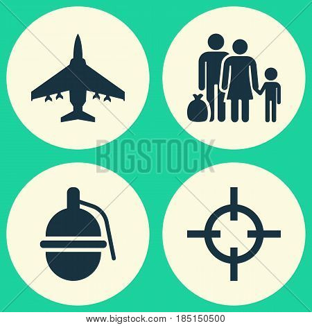 Army Icons Set. Collection Of Bombshell, Fugitive, Target And Other Elements. Also Includes Symbols Such As People, Bomber, Shot.