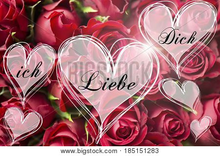 Rose bouquet and geman love you message in heart light hearts card valentine