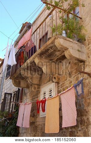 26 march 2009-Dubrovnick-croazia- Washed cloths drifted over the balconies in the city of dubrovnik