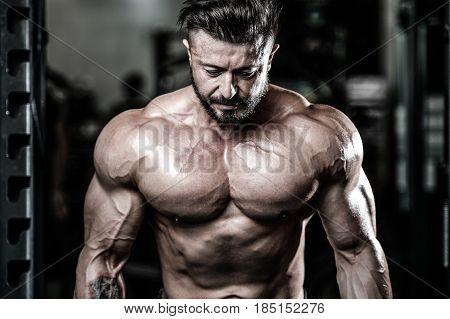 Brutal Caucasian Handsome Fitness Men On Diet Training Chest Pumping