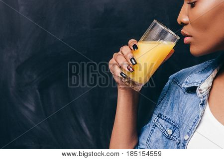 Woman Black Glass Juice Orange Drink Closeup Freespace Health Fresh Energy Background Beverage Healthy Concept