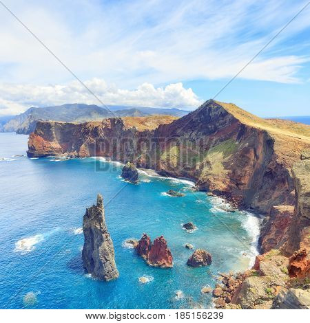 trekking to Sao Lourenco. Amazing cliff beach panorama, Madeira island, Portugal