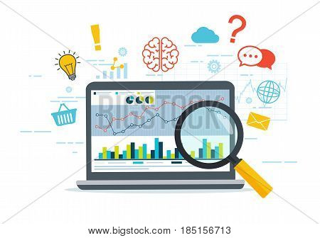 Web analytics and Information. Business strategy. SEO optimization. Digital marketing concept. Thinking from a laptop.