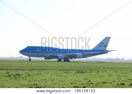 Amsterdam the Netherlands - April 2nd 2017: PH-BFF KLM Royal Dutch Airlines Boeing 747-406 takeoff from Polderbaan runway Amsterdam Airport Schiphol
