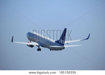 Amsterdam the Netherlands - April 2nd 2017: LN-RRJ SAS Scandinavian Airlines Boeing 737 takeoff from Polderbaan runway Amsterdam Airport Schiphol